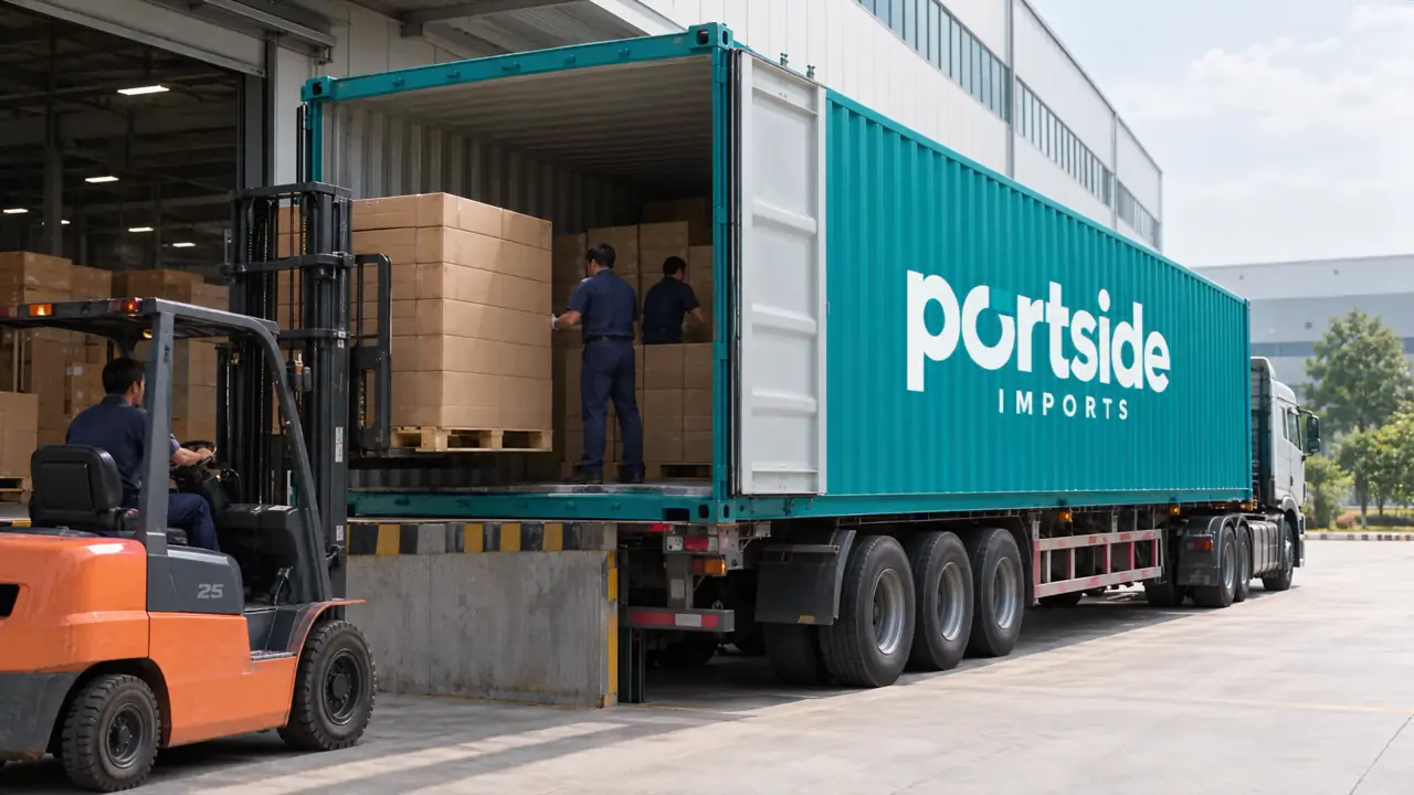 A teal Portside Imports container being loaded with cartons at a factory