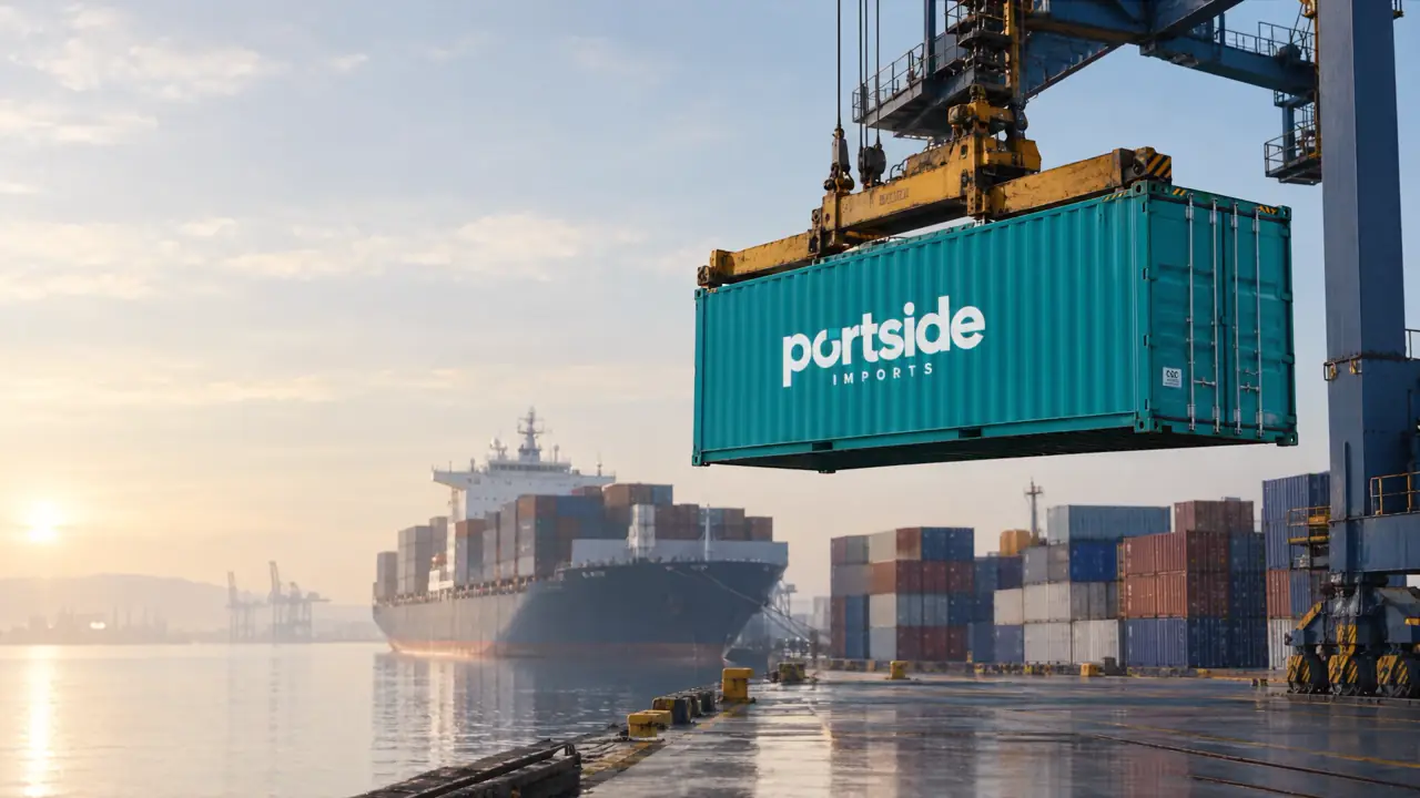 A crane lifting a teal Portside Imports container at a container terminal
